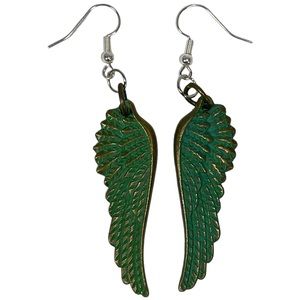 Angel wing earrings in teal green with shiny gold shining though NEW